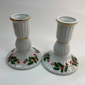 Holly & Berry Christmas Holiday Porcelain 2 Piece Candleholder Set